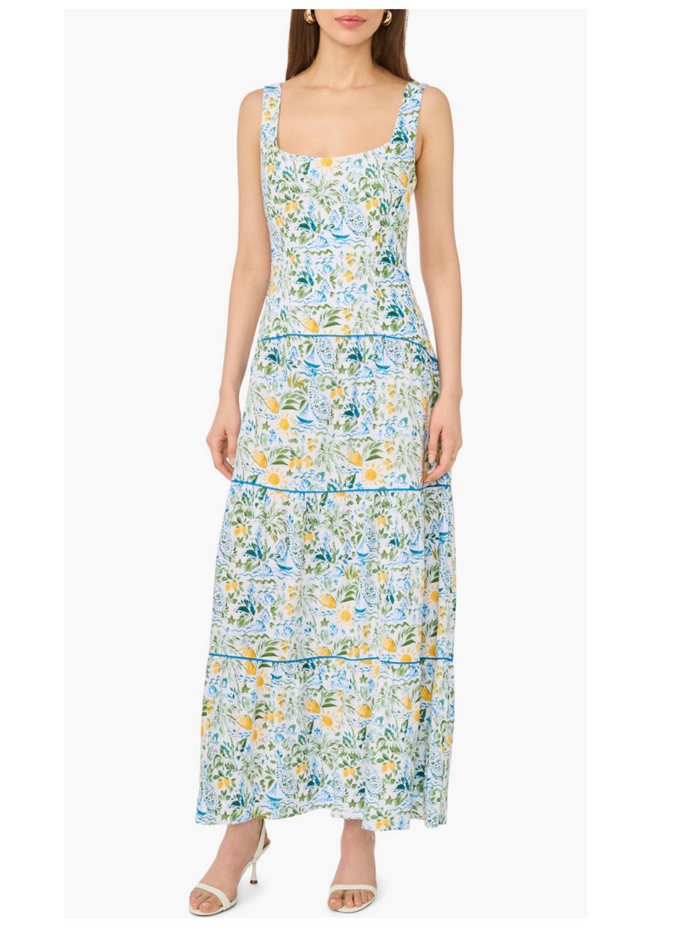 🆕 CeCe drop waist Tiered Sun Print Sleeveless maxi Dress - White/Blue/Yellow